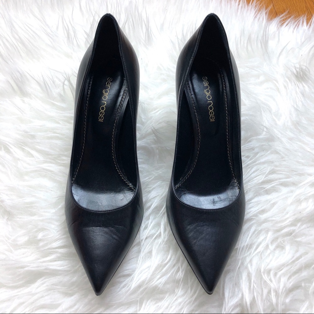 Sergio Rossi | Black Leather Pointed Toe Wedge 37